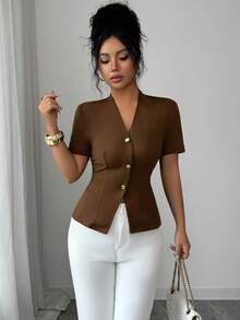 Elenzga Kaos Wanita Elegan Warna Polos Pas Badan dengan Kancing Depan, Musim Panas - Coffee Brown - View 3
