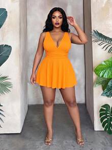 Maweii Summer Beach Plus Size Solid Color Textured Tankini Swimwear Vacation - Orange - View 5