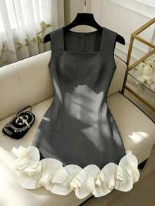 Franclia Women's Patchwork Ruffle Hem Square Neck Sleeveless Elegant Dress - Grey - View 4
