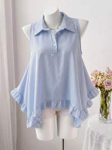 Sweetra Blouse femme à col ras-du-cou à rayures bleues et blanches avec volants, coupe française décontractée sans manches, Top polyvalent décontracté, convient pour le port quotidien décontracté et les vacances - Bleu et Blanc - Voir 1