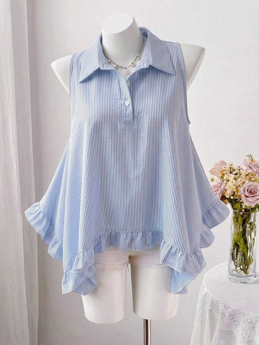 Sweetra Blouse femme à col ras-du-cou à rayures bleues et blanches avec volants, coupe française décontractée sans manches, Top polyvalent décontracté, convient pour le port quotidien décontracté et les vacances - Bleu et Blanc - Voir 1
