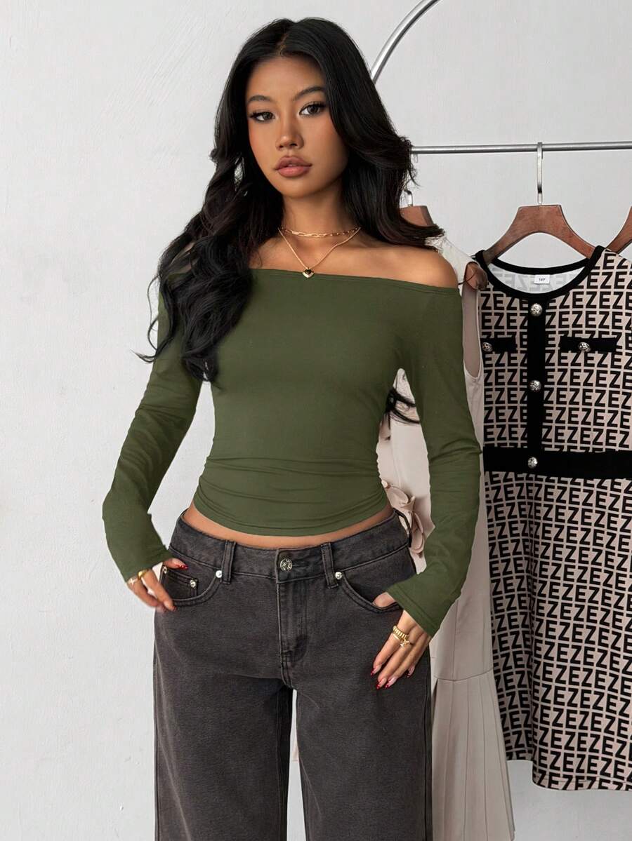 Kaos Dalaman Kasual Lengan Panjang Model Off-Shoulder Warna Hijau Army untuk Musim Gugur - Hijau Tentara - View 1