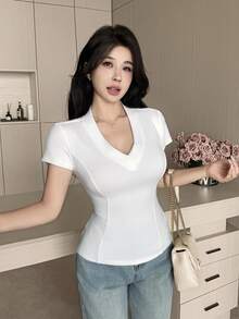Feyla New French Style V-Neck Boning Short Sleeve Minimalist Modest Inner Layer Slimming Fitted Solid Color Versatile Top T-Shirt Office White Summer - White - View 4