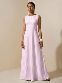 Zivah Casual Minimalist Style Pink Fine Striped All-Over Print Woven Women's Dress Suitable For Spring/Summer Vacation - Multicolor - View 3
