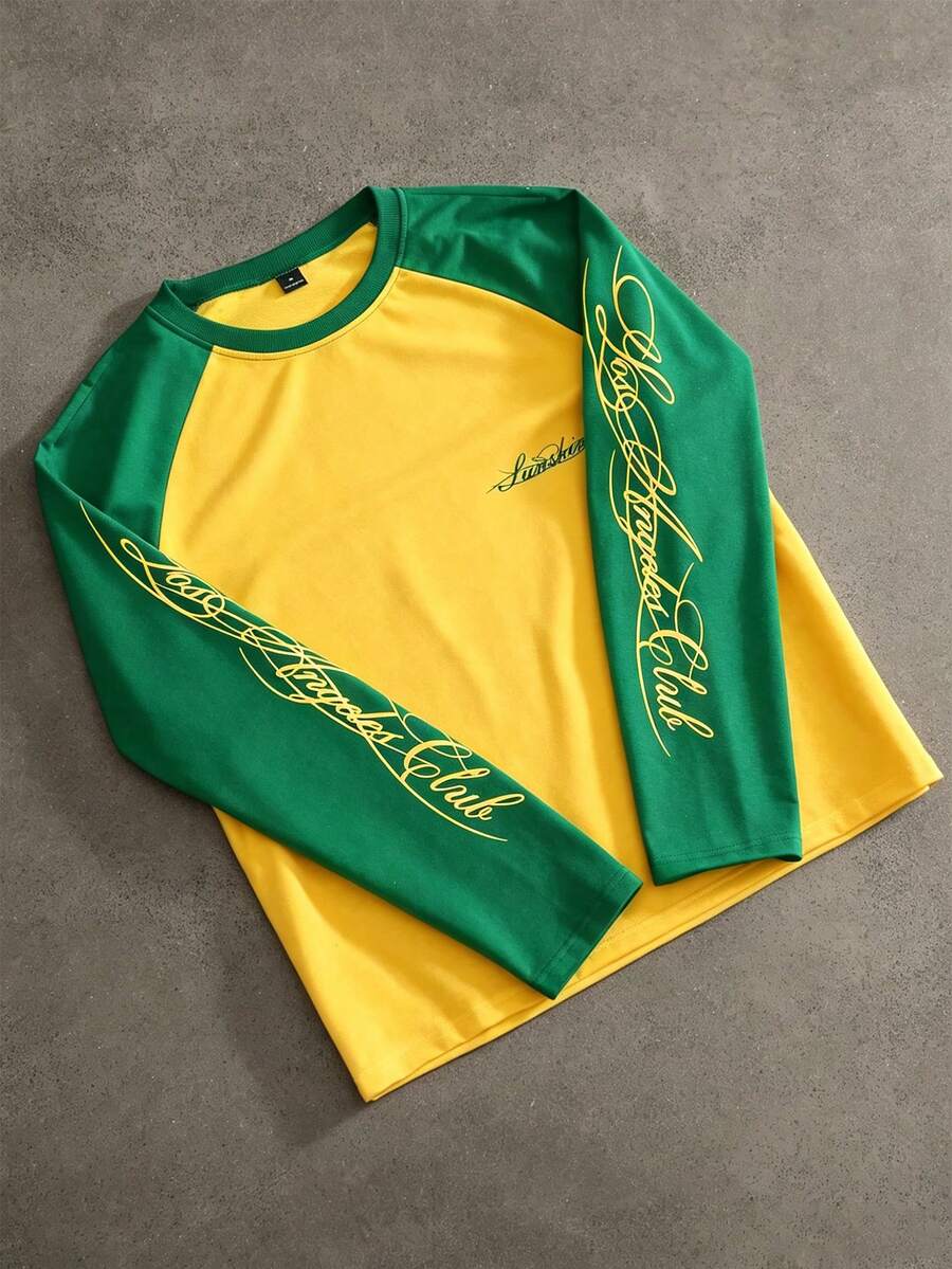 PAVTROS Men's Long Sleeve Crew Neck T-Shirt, Green And Yellow Color Block, Raglan Sleeve, Handwritten English Print, Loose Fit, Holiday - Multicolor - View 1