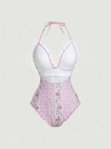 SHEIN MOD 印花露背挂脖连体泳衣 - 淡紫色 - 查看 4