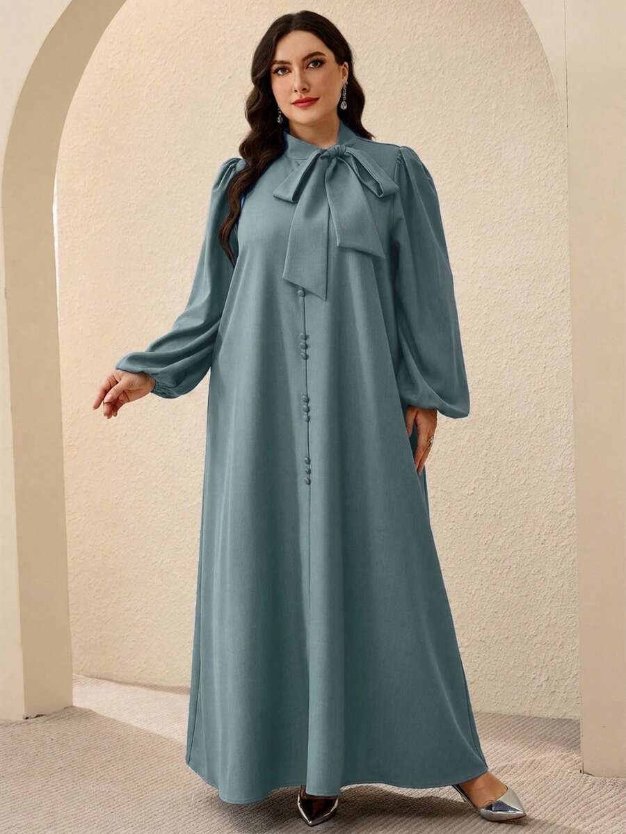 Al Najma 大尺碼女款素色領口休閒派對阿拉伯風洋裝 - 綠色 - 查看 1