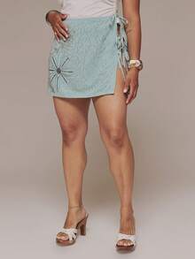MUSERA Curve Blue Low Rise Beaded Embellished Tie Side Mini Skirt Spring Summer Vacation Holiday Elegant Evening Sexy Un Roma - Green - View 2