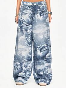 ROMWE Avant Jeans de talla grande con estampado de arte del Renacimiento - Azul - Ver 1
