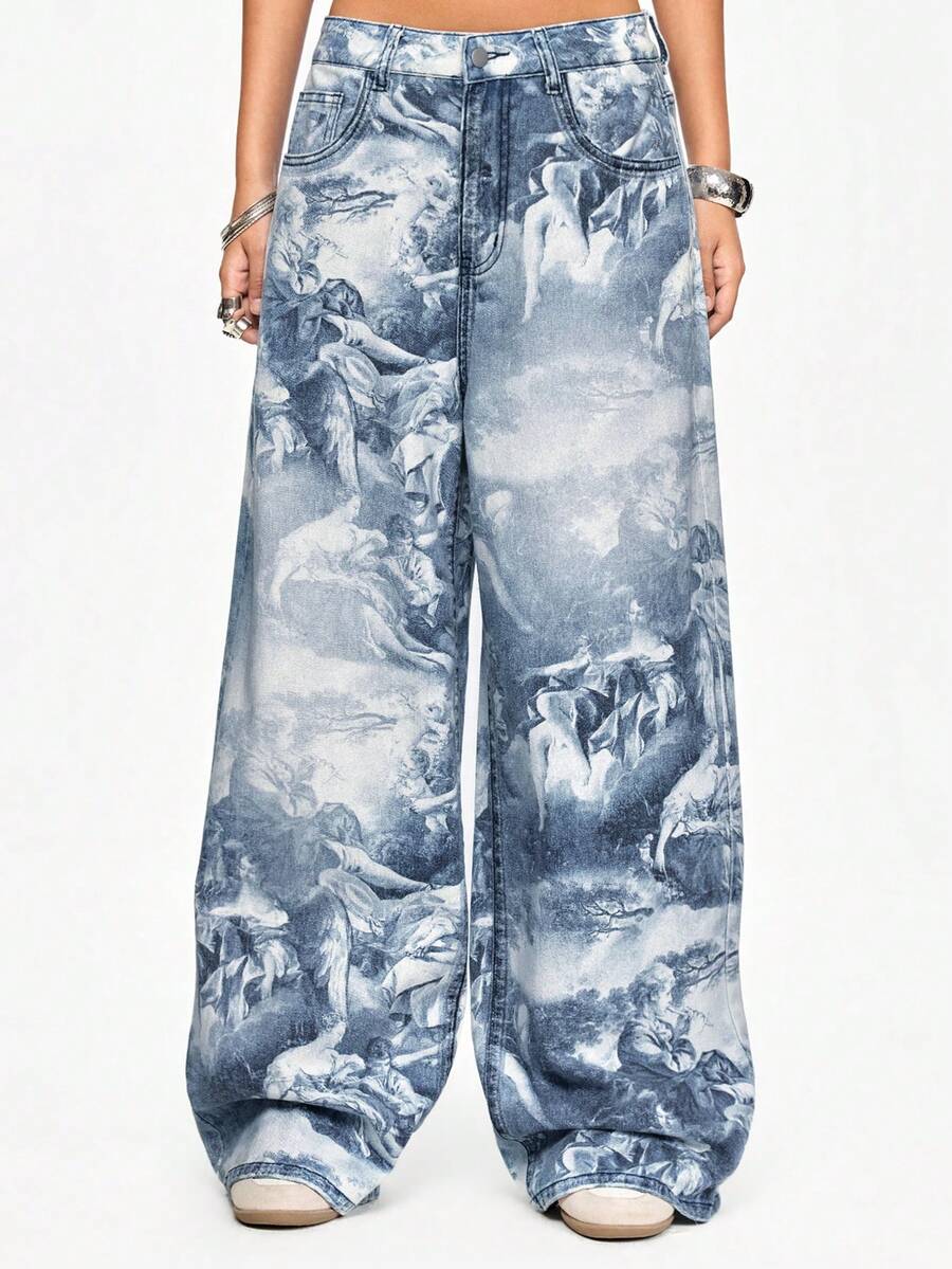 ROMWE Avant Jeans de talla grande con estampado de arte del Renacimiento - Azul - Ver 1