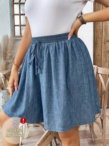 Comfylo Casual Vacation Blue Plus Size Women's Ruffle Waist Bow Tie Shorts Suitable For Summer, Blue Pants - Multicolor - View 3