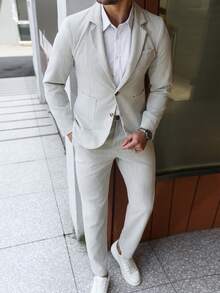 Manfinity Mode Men's Light Grey Summer Casual Business Suit Set,Textured Fabric Solid Color,Ideal Wedding Guest Outfit For Semi-Formal,Daily Commute Or Work - Light Grey - View 4
