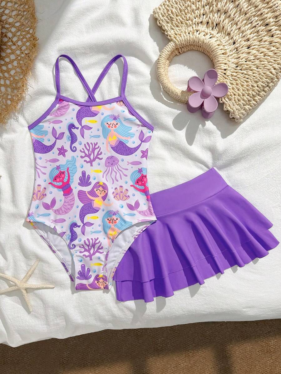 SHEIN 少女度假人魚印花細肩帶連身泳衣附遮陽裙 - 紫色 - 查看 1
