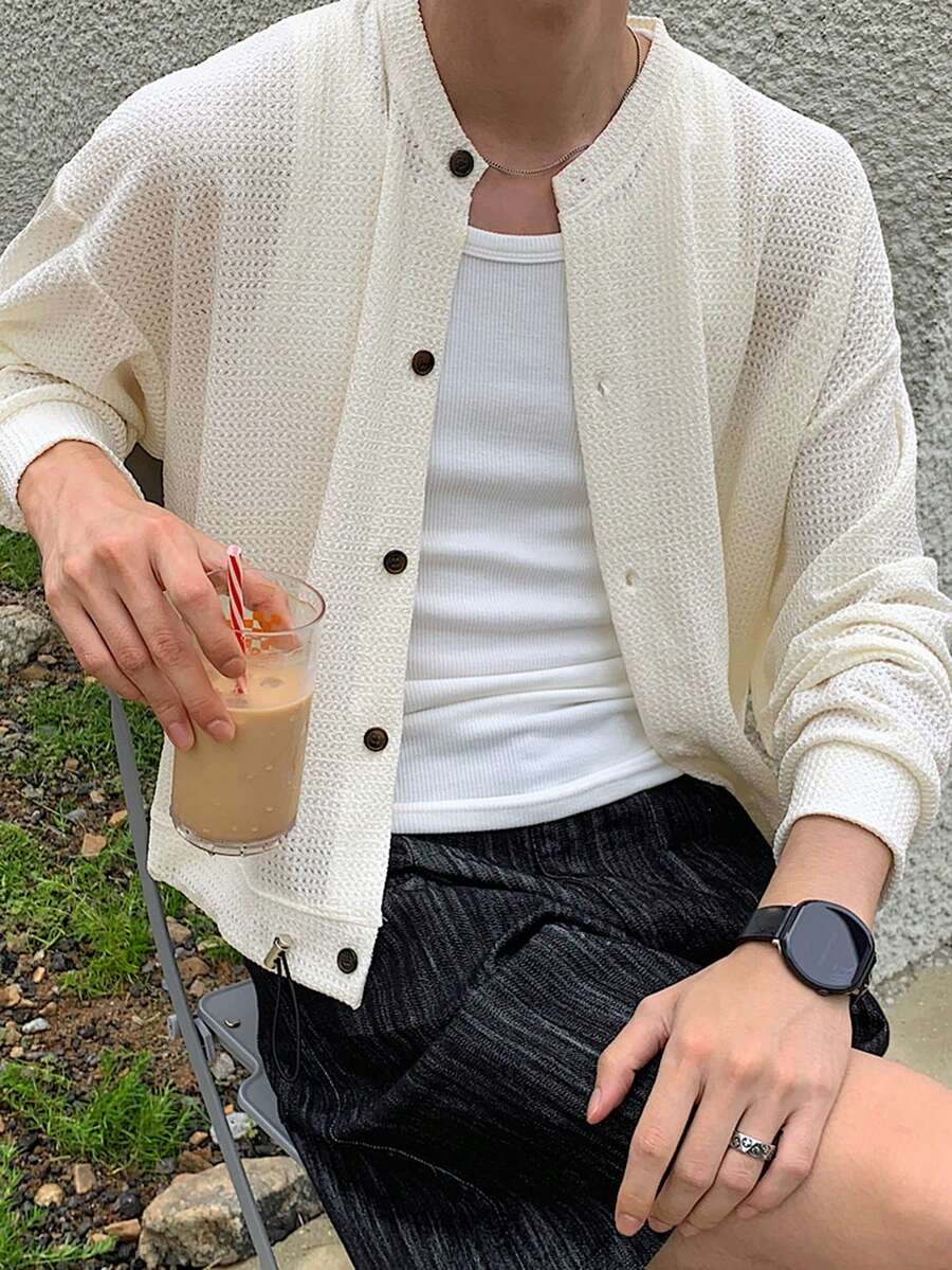 DAZY White Plaid Textured Fabric Short Men's Jacket And Coat - White - View 1
