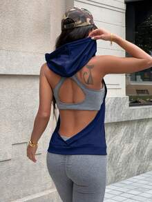 SHEIN Dewbera 夏季女款時尚休閒戶外健身跑步前口袋與中口袋無袖連帽抽繩背部鏤空設計性感瑜伽運動衛衣 - 藏蓝色 - 查看 3