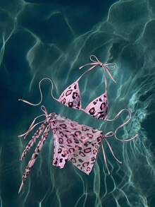 Anewsta Conjunto de bikini sexy de mujer con tirantes finos tipo halter, estampado de leopardo, para verano y playa - Multicolor - Ver 4