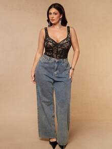 SHEIN BAE CURVE 大尺碼女款蕾絲性感連身內衣 - 黑色 - 查看 5