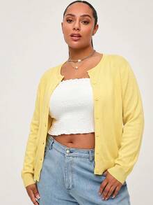 SHEIN BASICS 純色休閒傳統優雅長袖大尺碼開襟衫，適合秋季/返校季教師節辦公正式場合畢業典禮，奶油黃 - 淡黃色 - 查看 6