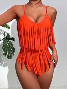 Slaydiva Solid Color Tassel One-Piece Swimsuit For Vacation Beach - Coral Orange - View 6