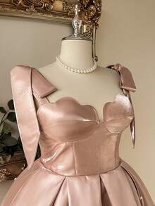 Lovelzi Elegant Luxurious Dusty Rose Shiny Silk Hand-Tied Bow Decor Shoulder Strap Shell Bustier Pleated A-Line Plus Size Short Prom Bridesmaid Party Dress - Khaki - View 5