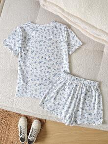SHEIN 青少年女孩碎花圓領T恤短褲居家服，休閒款 - 藍白色 - 查看 4