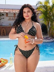 SHEIN Swim Bikini Polkadot Prancis Vintage Ukuran Plus Terbaru 2026, Desain Cup Segitiga untuk Mengangkat Secara Alami dan Tanpa Kompresi, Ikat Pita Samping untuk Penyesuaian Ukuran, Set Baju Renang Pantai Liburan 2 Potong yang Melangsingkan - Hitam dan Putih - View 5