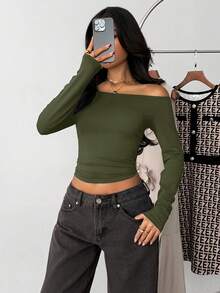 Kaos Dalaman Kasual Lengan Panjang Model Off-Shoulder Warna Hijau Army untuk Musim Gugur - Hijau Tentara - View 6