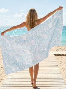 1 Pieza, Toalla de Microfibra de Secado Rápido a Prueba de Arena para Playa y Piscina, Toalla de Playa de Verano con Rayas Naranjas, Modelo de Concha Azul, Se Puede Usar en Múltiples Tamaños de Piscinas - Azul [Concha] - Ver 4