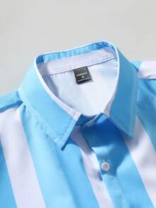 Manfinity Homme 男士條紋拼色襯衫短褲套裝，夏季服飾，儀式場合 - 藍色 - 查看 4
