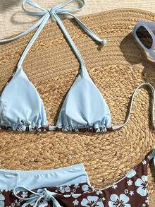 Swim Mod 女款 26SS 春夏新款雙色印花V領露背三角上衣綁側比基尼泳褲 & 嘻普泳褲 3件組甜美海灘度假泳衣 - 藍色 - 查看 7