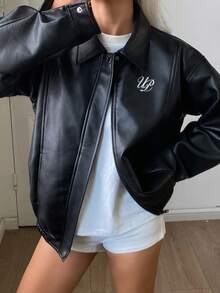 Livesso Solid Color Loose Long Sleeve Lapel PU Women's Jacket - Black - View 1