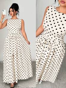 Elenzga Plus Size Women's Polka Dot Sleeveless Dress, Beige, Summer, Elegant, Tea Party Round Neck Cinched Waist Bow Print Pattern, Commute, Casual Wear - Multicolor - View 1