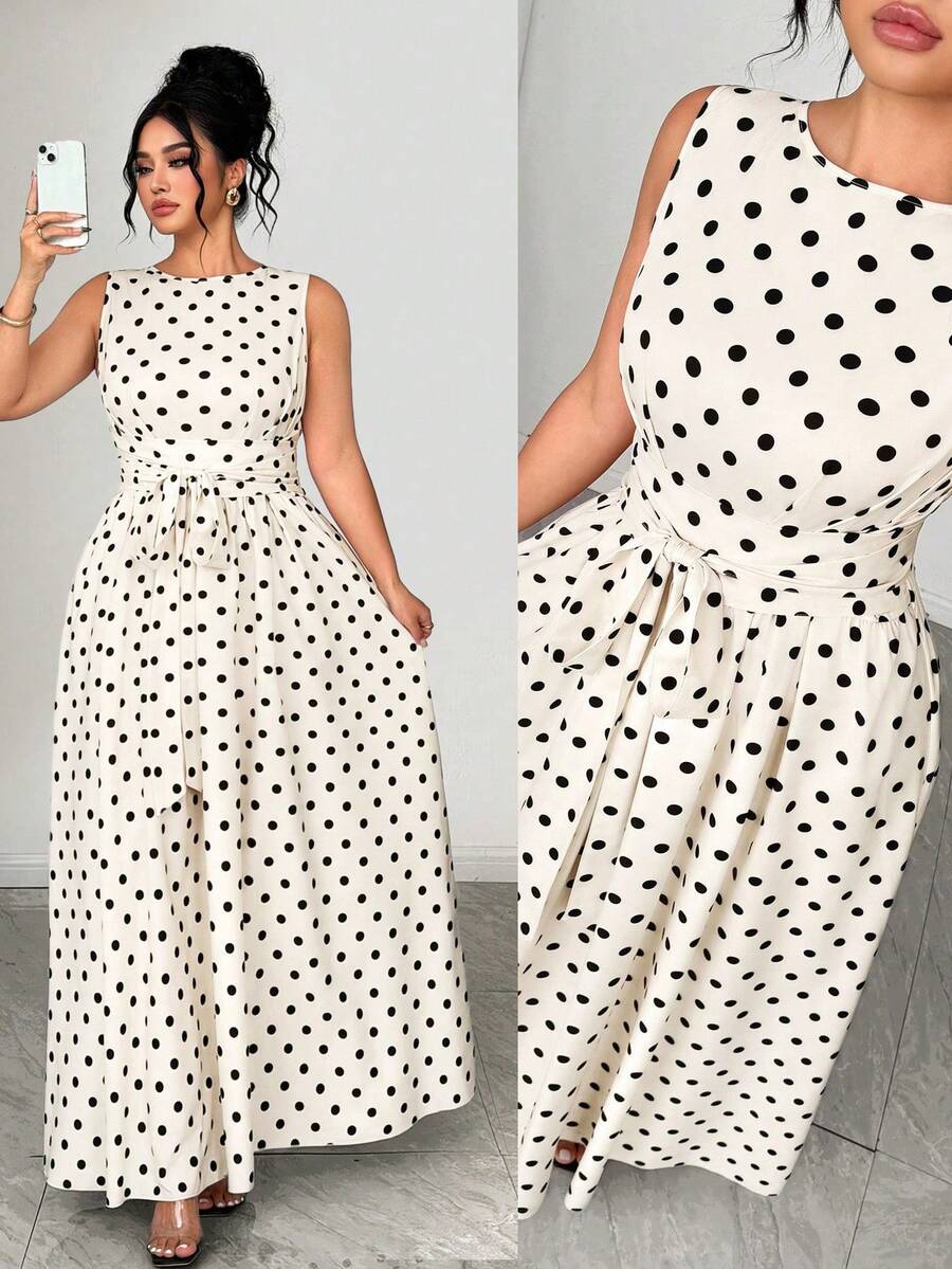 Elenzga Plus Size Women's Polka Dot Sleeveless Dress, Beige, Summer, Elegant, Tea Party Round Neck Cinched Waist Bow Print Pattern, Commute, Casual Wear - Multicolor - View 1