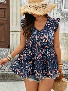 EMERY ROSE Plus Size Woven Floral V-Neck Flutter Sleeve Ruffle Patchwork Elegant Vacation Outing Daily Spring Summer Blouse - Navy Blue - View 3