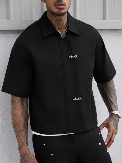 SLATEMANN Men's Airplane Buckle Placket Short Sleeve Casual Commuter Shirt