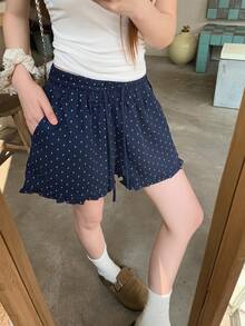 DAZY Women's Korean Style Ruffle Lace Polka Dot Casual Loose Shorts - Blue - View 5