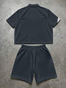 Manfinity EMRG Conjunto de camisa corta y pantalones cortos con estampado minimalista para hombre - Multicolor - Ver 2