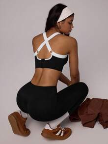 Dewbera Dewbera Women's Contrast Color Patchwork Criss-Cross Strap Sports Bra Adjustable Workout Black And White Gym Summer Athleisure Cross Back Hook & Eye Closure - Black - View 8