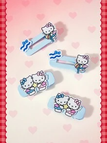 HELLO KITTY AND FRIENDS | SHEIN 4Pcs Sanrio Blue Wavy Edge Cute Kitten Square Tip Clip Seamless Hairpin - Multicolor - View 2