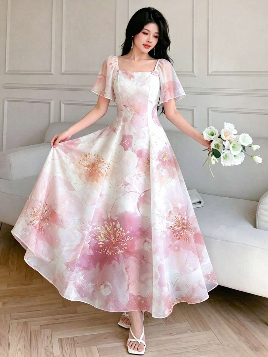 Modelyn 粉白大花植物泡泡夢幻圖案優雅法式女款方領短袖大裙擺洋裝,適合夏季婚禮派對 - 彩色 - 查看 1