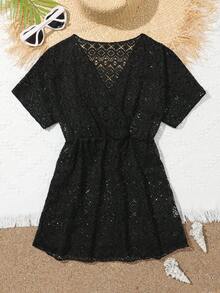 SHEIN Summer Short Sleeve Cover-Up Dress, Black Tropical Design, Ideal For Beach Holiday - Black - View 5