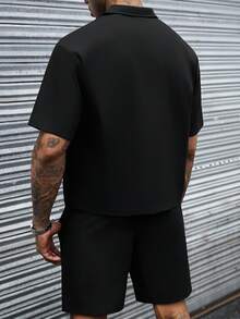 SLATEMANN Men's Letter Print Single-Breasted Short Sleeve Shirt And Shorts Casual Daily Set - Black - View 3