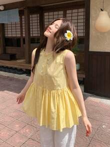 DAZY Women's Wood Ear Trim Round Neck Button Half Placket Casual Sleeveless Shirt - Yellow - View 1