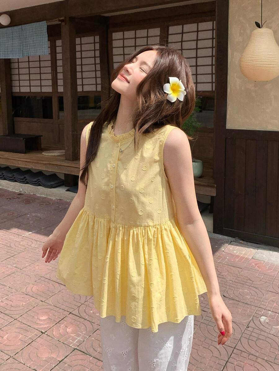 DAZY Women's Wood Ear Trim Round Neck Button Half Placket Casual Sleeveless Shirt - Yellow - View 1