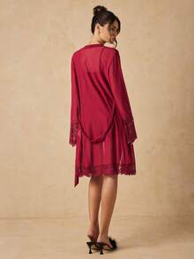 HautHeat Women's Bow Decor Camisole Nightgown And Cardigan Casual Daily Home Pajama Set - Burgundy - View 2