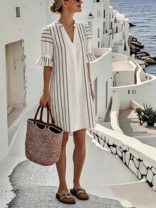 SHEIN Clasi Women's Summer Casual Striped Short Dress - Apricot - View 1