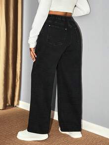 Hourglow Ceceforeign_ Plus Size Casual Solid Color Drawstring Waist Jeans, For Hourglass Body Shape - Black - View 2