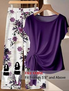 SHEIN Tall CURVE 大码女式纯色褶皱上衣和印花长裤休闲两件套 - 紫色 - 查看 3