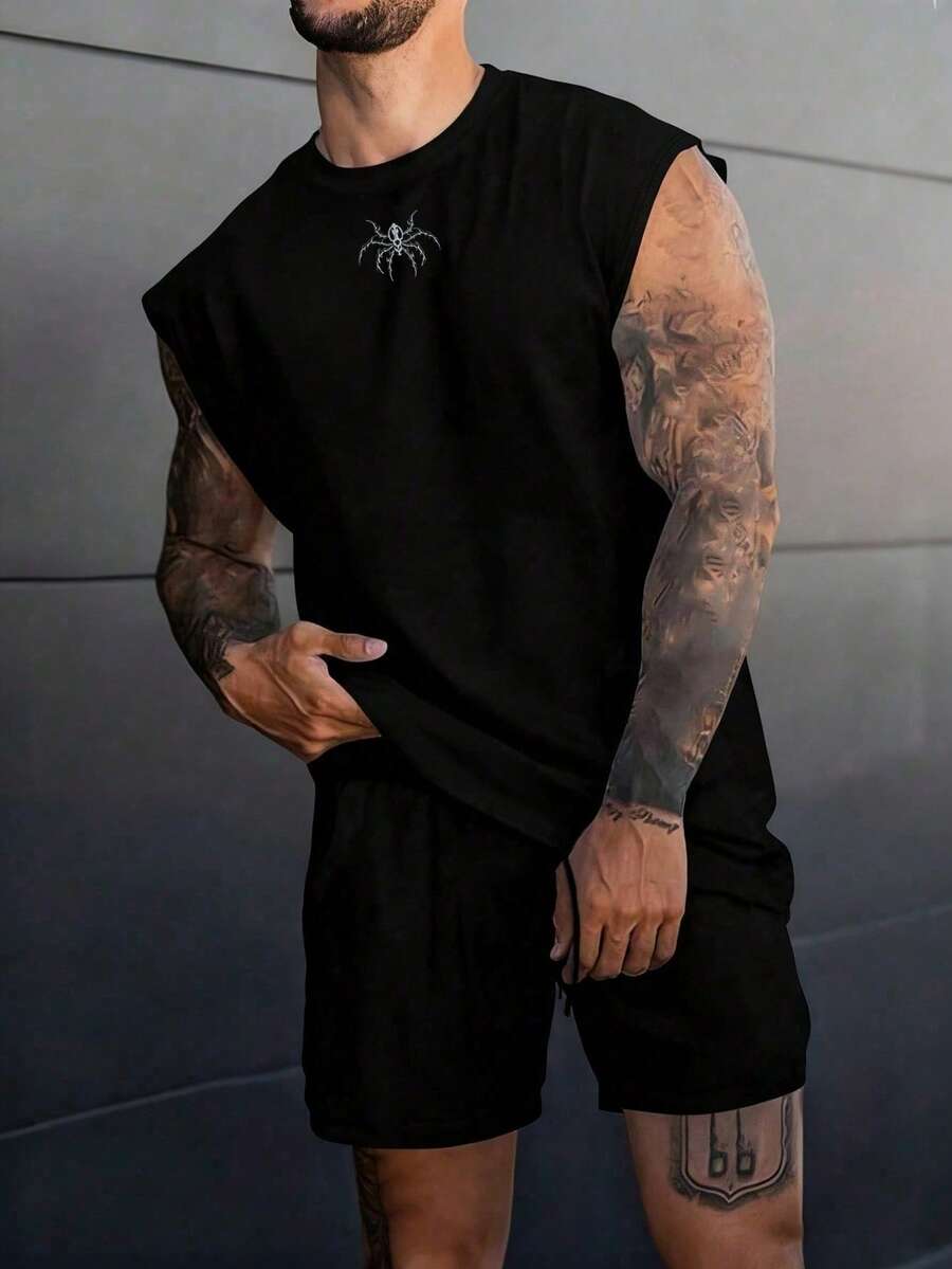 GymBeat 男士蜘蛛印花無袖運動健身背心,健身房、度假適用 - 黑色 - 查看 1