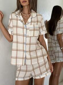 Aloruh Casual Plaid Print Button Front Pocket Short Sleeve Shorts Pajama Set For Women - Multicolor - View 6